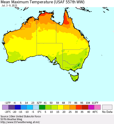 Australia Mean Maximum Temperature (USAF 557th WW) Thematic Map For 7/3/2023 - 7/9/2023