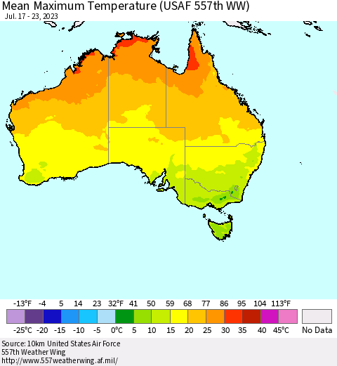 Australia Mean Maximum Temperature (USAF 557th WW) Thematic Map For 7/17/2023 - 7/23/2023