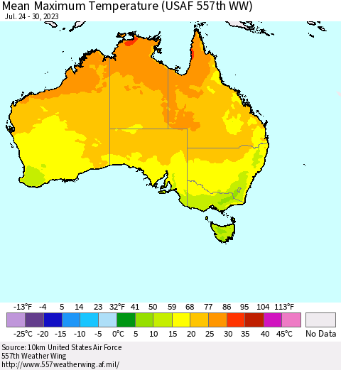Australia Mean Maximum Temperature (USAF 557th WW) Thematic Map For 7/24/2023 - 7/30/2023