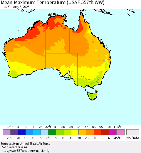Australia Mean Maximum Temperature (USAF 557th WW) Thematic Map For 7/31/2023 - 8/6/2023