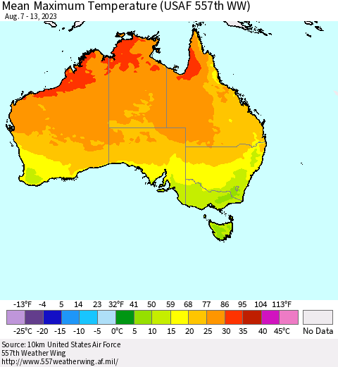 Australia Mean Maximum Temperature (USAF 557th WW) Thematic Map For 8/7/2023 - 8/13/2023