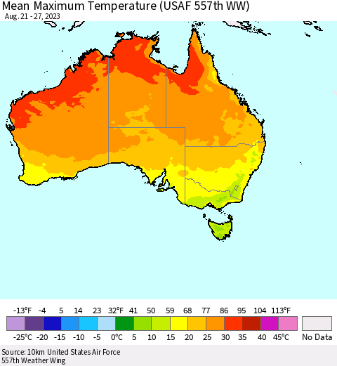 Australia Mean Maximum Temperature (USAF 557th WW) Thematic Map For 8/21/2023 - 8/27/2023