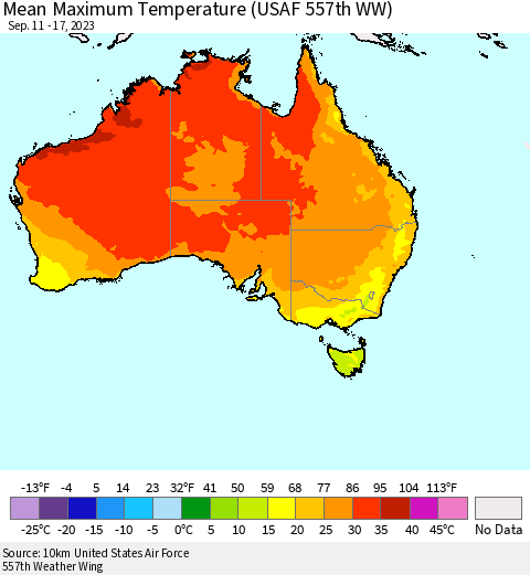 Australia Mean Maximum Temperature (USAF 557th WW) Thematic Map For 9/11/2023 - 9/17/2023