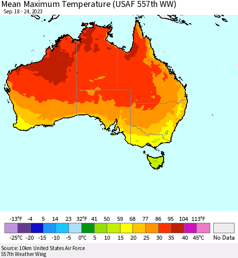 Australia Mean Maximum Temperature (USAF 557th WW) Thematic Map For 9/18/2023 - 9/24/2023