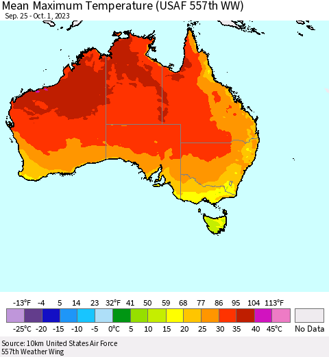Australia Mean Maximum Temperature (USAF 557th WW) Thematic Map For 9/25/2023 - 10/1/2023