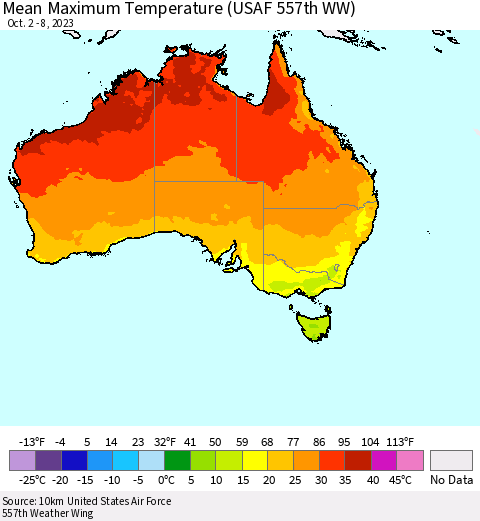 Australia Mean Maximum Temperature (USAF 557th WW) Thematic Map For 10/2/2023 - 10/8/2023