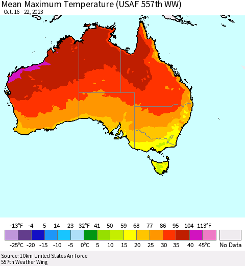 Australia Mean Maximum Temperature (USAF 557th WW) Thematic Map For 10/16/2023 - 10/22/2023