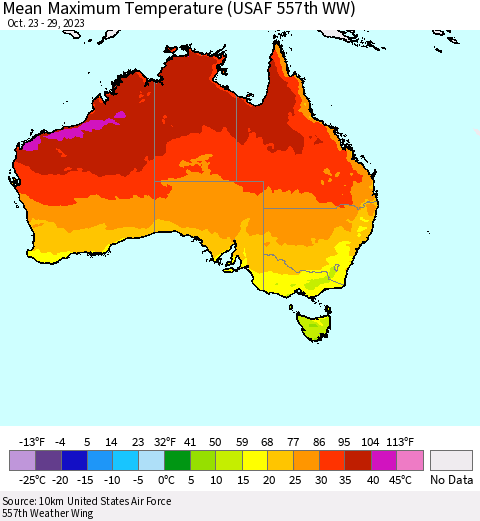 Australia Mean Maximum Temperature (USAF 557th WW) Thematic Map For 10/23/2023 - 10/29/2023