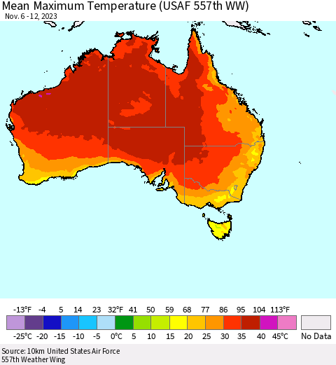 Australia Mean Maximum Temperature (USAF 557th WW) Thematic Map For 11/6/2023 - 11/12/2023