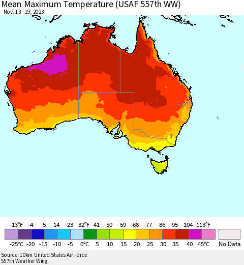 Australia Mean Maximum Temperature (USAF 557th WW) Thematic Map For 11/13/2023 - 11/19/2023