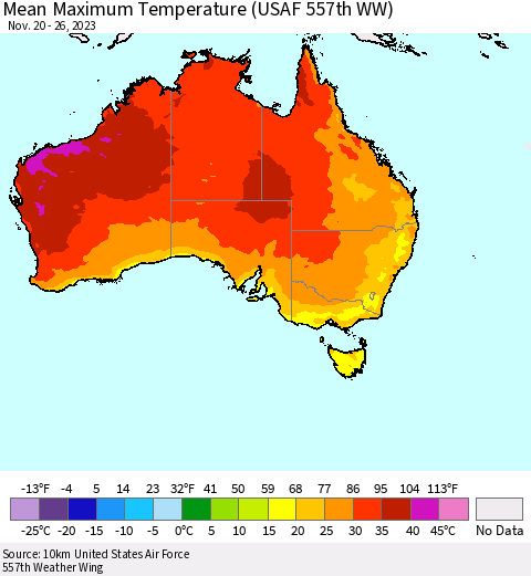 Australia Mean Maximum Temperature (USAF 557th WW) Thematic Map For 11/20/2023 - 11/26/2023