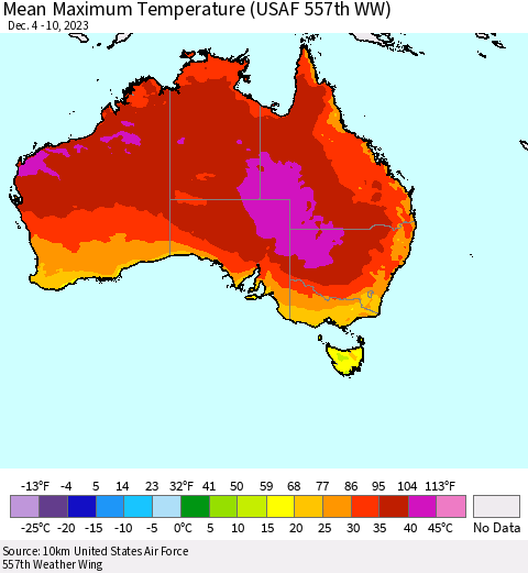 Australia Mean Maximum Temperature (USAF 557th WW) Thematic Map For 12/4/2023 - 12/10/2023