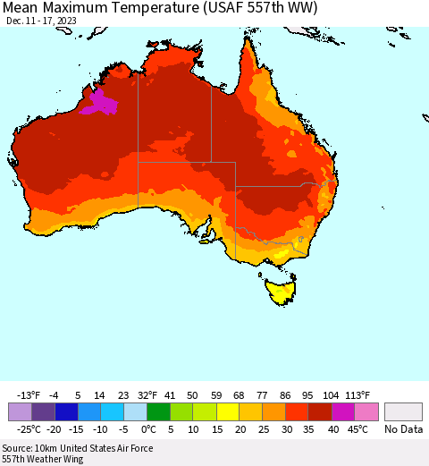 Australia Mean Maximum Temperature (USAF 557th WW) Thematic Map For 12/11/2023 - 12/17/2023