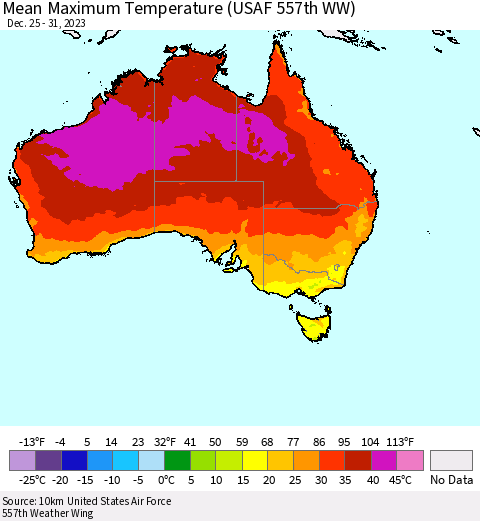 Australia Mean Maximum Temperature (USAF 557th WW) Thematic Map For 12/25/2023 - 12/31/2023