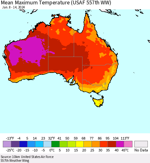 Australia Mean Maximum Temperature (USAF 557th WW) Thematic Map For 1/8/2024 - 1/14/2024
