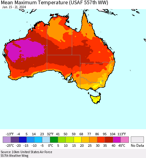 Australia Mean Maximum Temperature (USAF 557th WW) Thematic Map For 1/15/2024 - 1/21/2024
