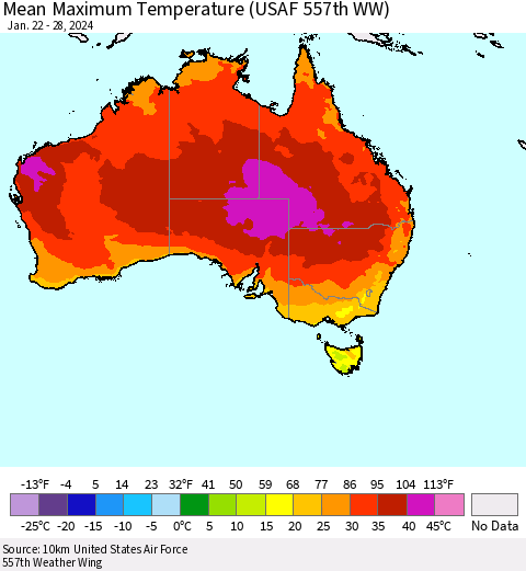 Australia Mean Maximum Temperature (USAF 557th WW) Thematic Map For 1/22/2024 - 1/28/2024