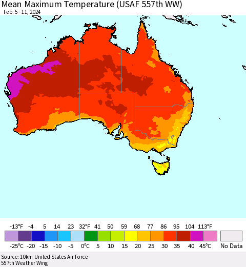 Australia Mean Maximum Temperature (USAF 557th WW) Thematic Map For 2/5/2024 - 2/11/2024