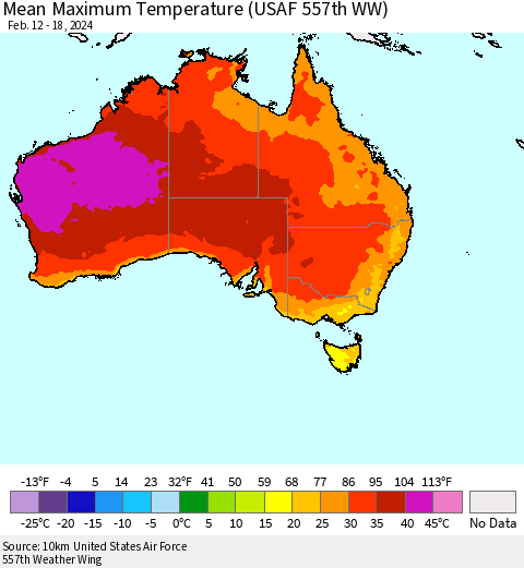 Australia Mean Maximum Temperature (USAF 557th WW) Thematic Map For 2/12/2024 - 2/18/2024