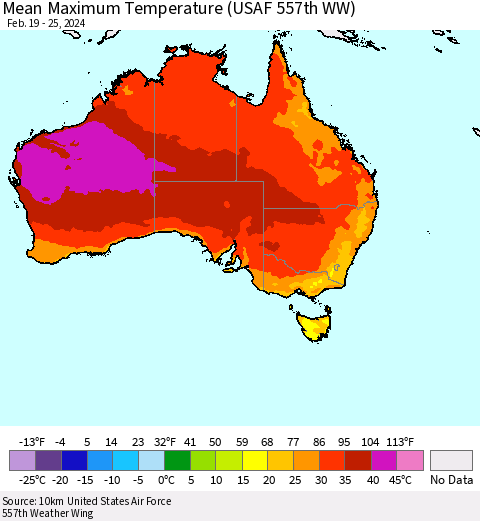 Australia Mean Maximum Temperature (USAF 557th WW) Thematic Map For 2/19/2024 - 2/25/2024