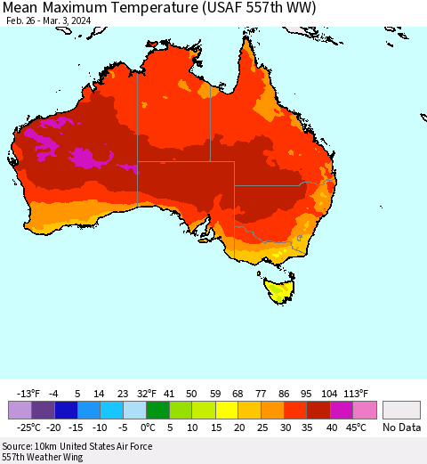 Australia Mean Maximum Temperature (USAF 557th WW) Thematic Map For 2/26/2024 - 3/3/2024