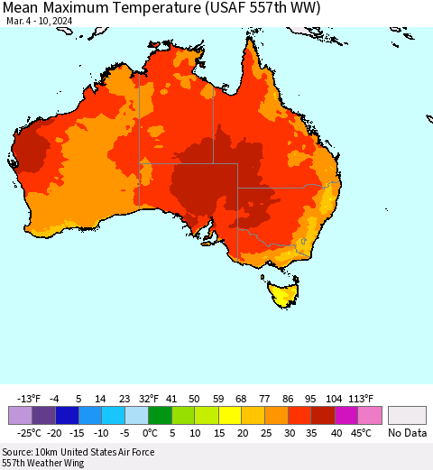 Australia Mean Maximum Temperature (USAF 557th WW) Thematic Map For 3/4/2024 - 3/10/2024