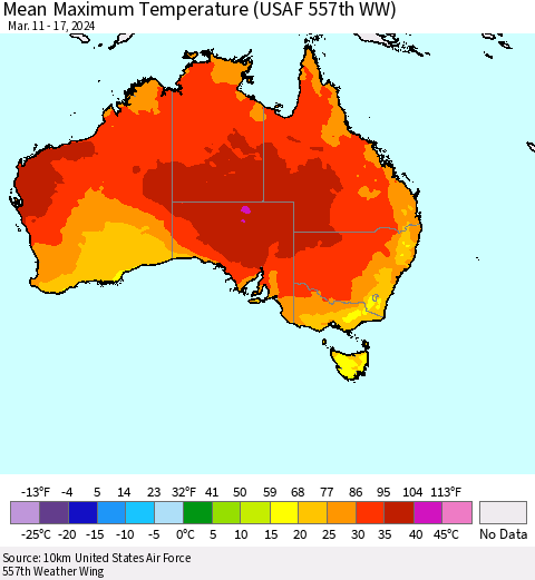 Australia Mean Maximum Temperature (USAF 557th WW) Thematic Map For 3/11/2024 - 3/17/2024