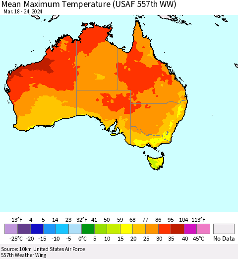 Australia Mean Maximum Temperature (USAF 557th WW) Thematic Map For 3/18/2024 - 3/24/2024