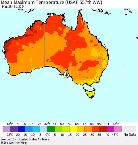 Australia Mean Maximum Temperature (USAF 557th WW) Thematic Map For 3/25/2024 - 3/31/2024