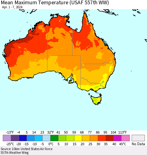 Australia Mean Maximum Temperature (USAF 557th WW) Thematic Map For 4/1/2024 - 4/7/2024