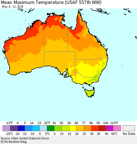 Australia Mean Maximum Temperature (USAF 557th WW) Thematic Map For 5/6/2024 - 5/12/2024