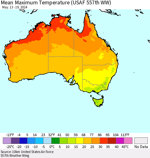 Australia Mean Maximum Temperature (USAF 557th WW) Thematic Map For 5/13/2024 - 5/19/2024