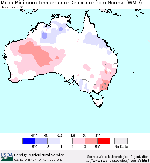 Australia Mean Minimum Temperature Departure from Normal (WMO) Thematic Map For 5/3/2021 - 5/9/2021