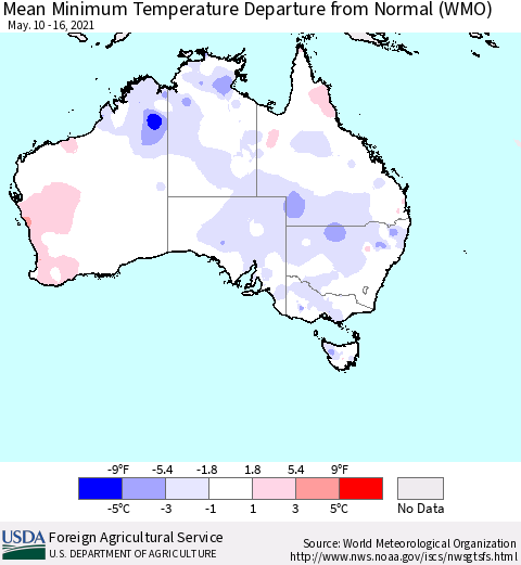 Australia Mean Minimum Temperature Departure from Normal (WMO) Thematic Map For 5/10/2021 - 5/16/2021
