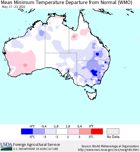 Australia Mean Minimum Temperature Departure from Normal (WMO) Thematic Map For 5/17/2021 - 5/23/2021