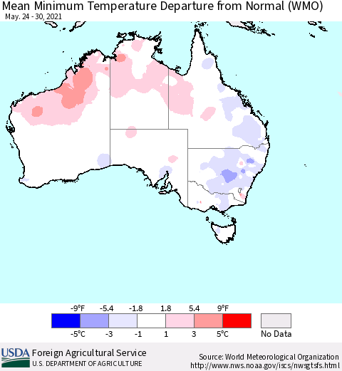 Australia Mean Minimum Temperature Departure from Normal (WMO) Thematic Map For 5/24/2021 - 5/30/2021