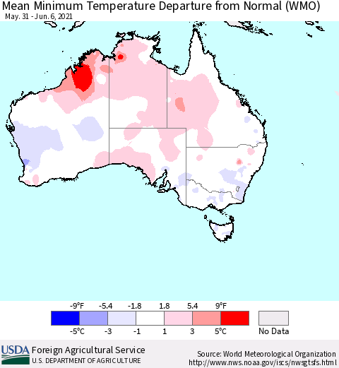 Australia Mean Minimum Temperature Departure from Normal (WMO) Thematic Map For 5/31/2021 - 6/6/2021