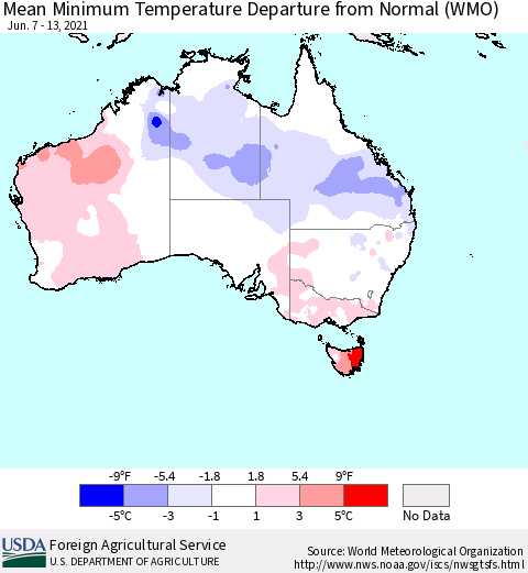 Australia Mean Minimum Temperature Departure from Normal (WMO) Thematic Map For 6/7/2021 - 6/13/2021