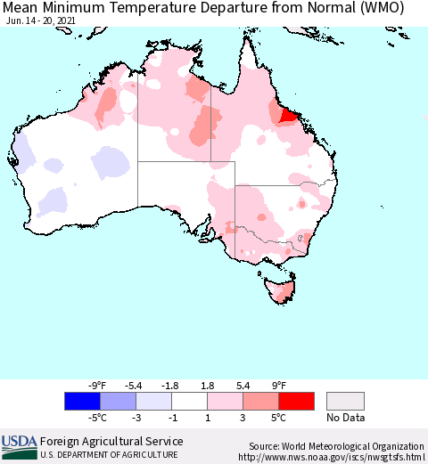 Australia Mean Minimum Temperature Departure from Normal (WMO) Thematic Map For 6/14/2021 - 6/20/2021
