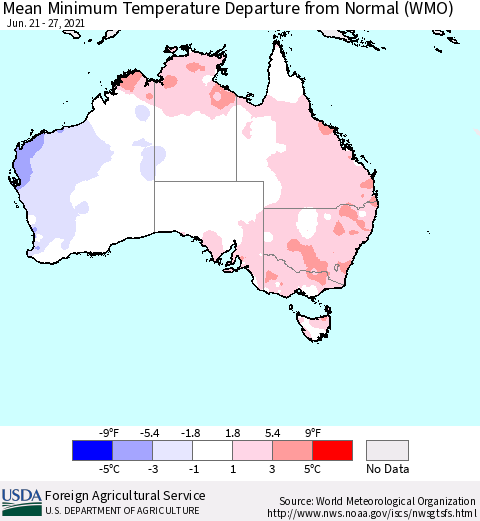 Australia Mean Minimum Temperature Departure from Normal (WMO) Thematic Map For 6/21/2021 - 6/27/2021