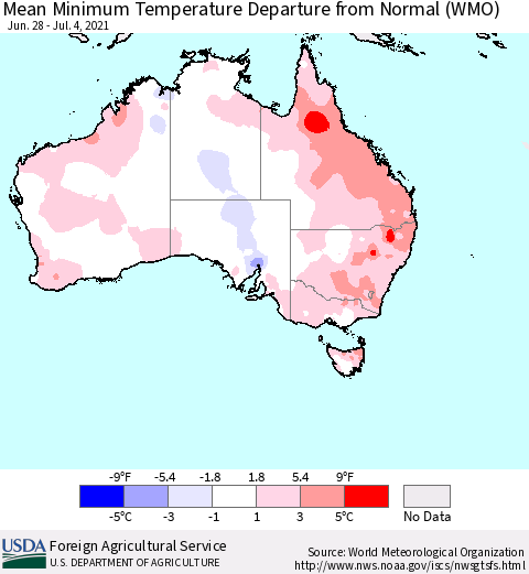 Australia Mean Minimum Temperature Departure from Normal (WMO) Thematic Map For 6/28/2021 - 7/4/2021