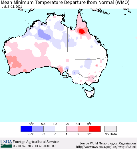 Australia Mean Minimum Temperature Departure from Normal (WMO) Thematic Map For 7/5/2021 - 7/11/2021