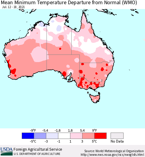 Australia Mean Minimum Temperature Departure from Normal (WMO) Thematic Map For 7/12/2021 - 7/18/2021