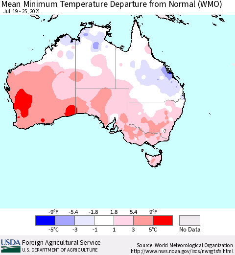 Australia Mean Minimum Temperature Departure from Normal (WMO) Thematic Map For 7/19/2021 - 7/25/2021
