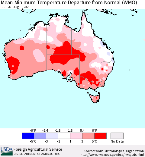 Australia Mean Minimum Temperature Departure from Normal (WMO) Thematic Map For 7/26/2021 - 8/1/2021