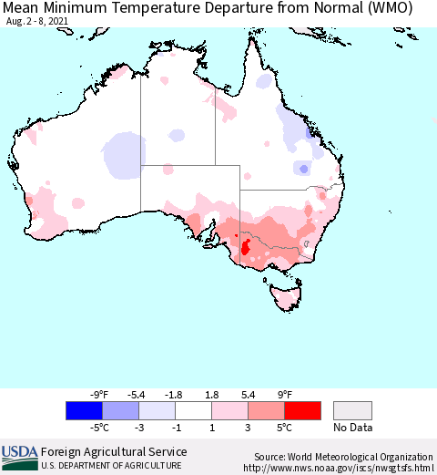 Australia Mean Minimum Temperature Departure from Normal (WMO) Thematic Map For 8/2/2021 - 8/8/2021