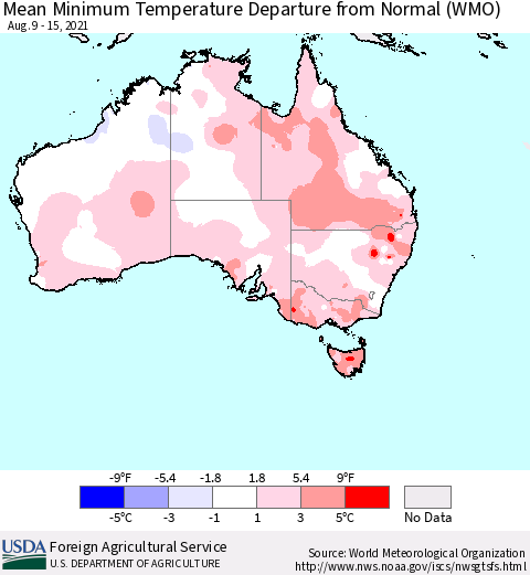 Australia Mean Minimum Temperature Departure from Normal (WMO) Thematic Map For 8/9/2021 - 8/15/2021