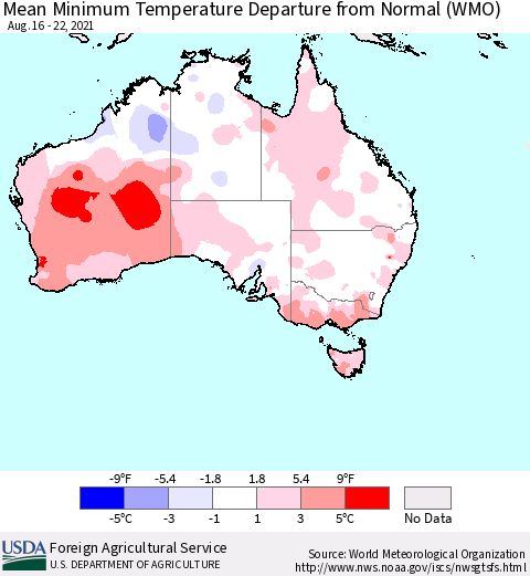 Australia Mean Minimum Temperature Departure from Normal (WMO) Thematic Map For 8/16/2021 - 8/22/2021