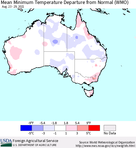 Australia Mean Minimum Temperature Departure from Normal (WMO) Thematic Map For 8/23/2021 - 8/29/2021