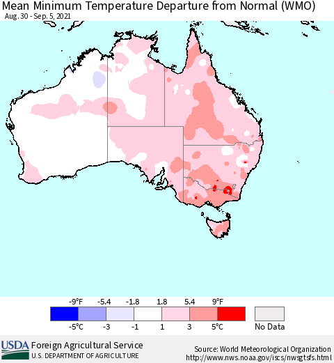 Australia Mean Minimum Temperature Departure from Normal (WMO) Thematic Map For 8/30/2021 - 9/5/2021